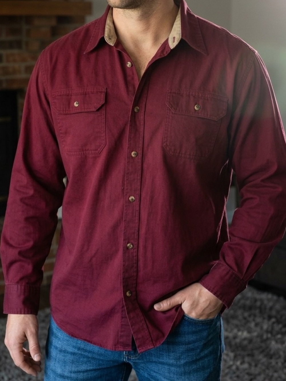 Wranglers Men's Long-Sleeve Casual Button-Up Shirt in Burgundy